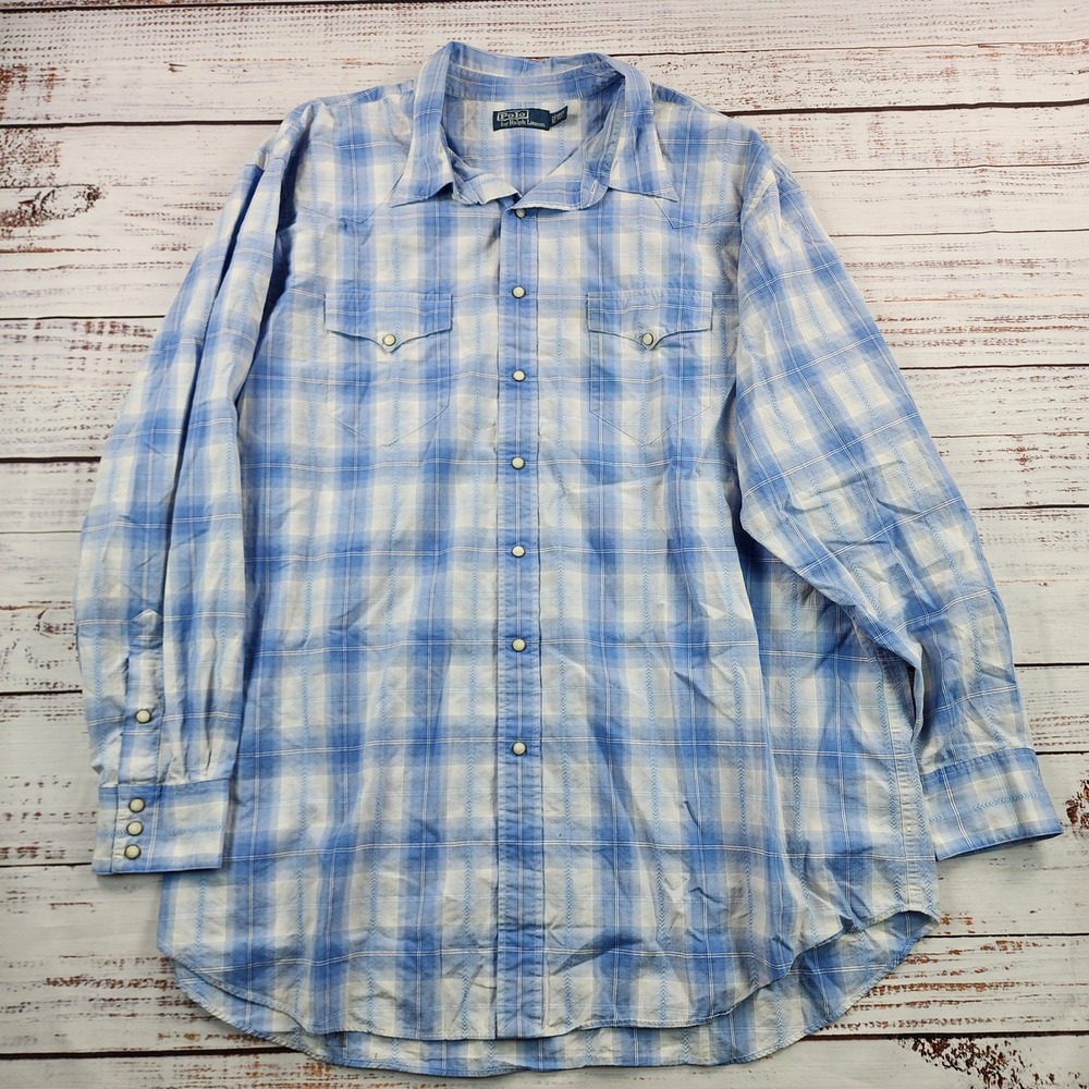 Polo Ralph Lauren Western Pearl Snap Shirt Men's XLT Tall Blue Plaid Long Sleeve